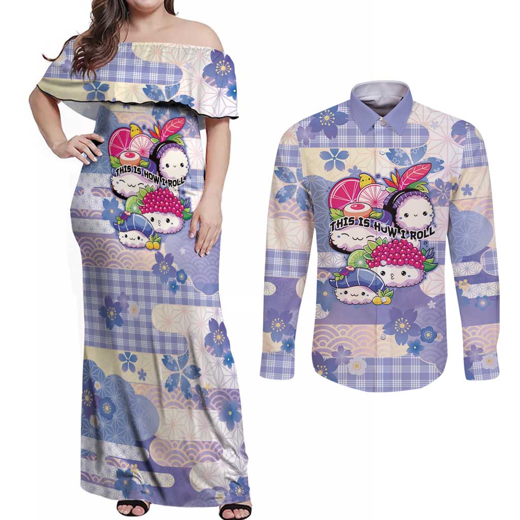 Personalized Japanese Kawaii Sushi Couples Matching Off Shoulder Maxi Dress and Long Sleeve Button Shirt Blue Wagara Palaka This Is How I Roll - Wonder Print Shop