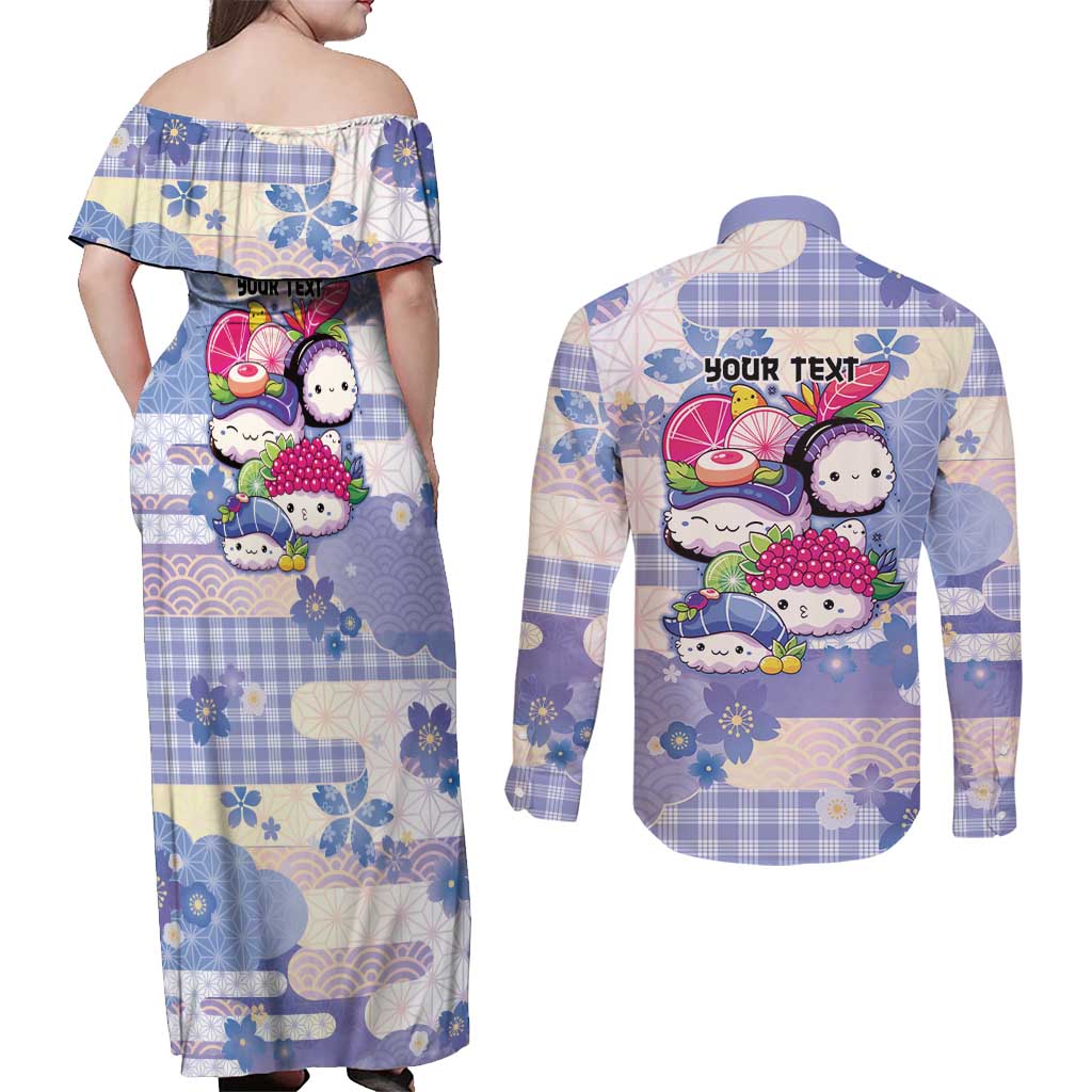 Personalized Japanese Kawaii Sushi Couples Matching Off Shoulder Maxi Dress and Long Sleeve Button Shirt Blue Wagara Palaka This Is How I Roll - Wonder Print Shop