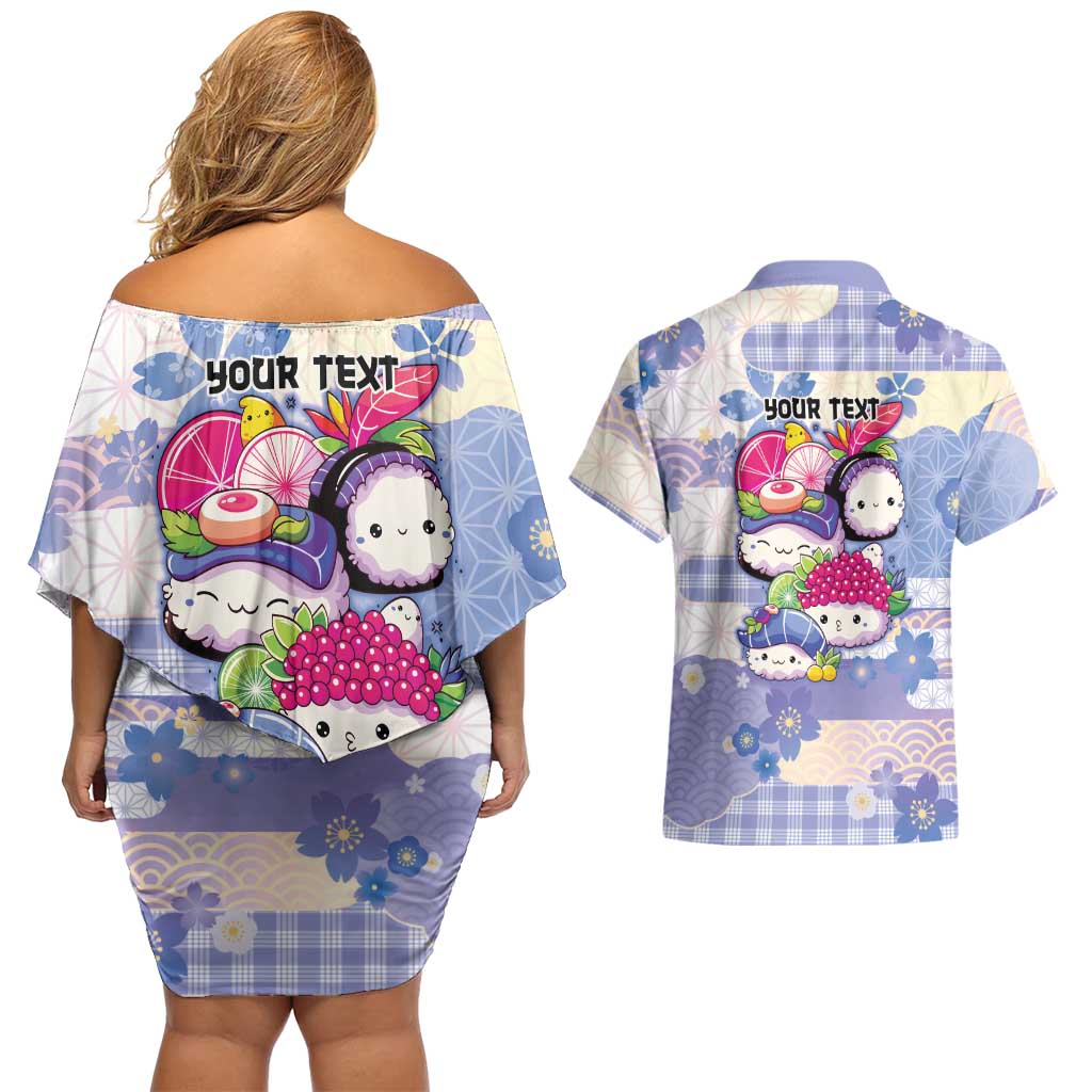 Personalized Japanese Kawaii Sushi Couples Matching Off Shoulder Short Dress and Hawaiian Shirt Blue Wagara Palaka This Is How I Roll - Wonder Print Shop
