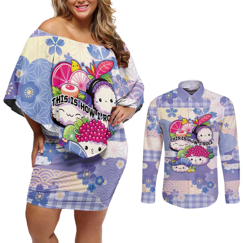 Personalized Japanese Kawaii Sushi Couples Matching Off Shoulder Short Dress and Long Sleeve Button Shirt Blue Wagara Palaka This Is How I Roll - Wonder Print Shop