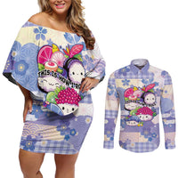 Personalized Japanese Kawaii Sushi Couples Matching Off Shoulder Short Dress and Long Sleeve Button Shirt Blue Wagara Palaka This Is How I Roll - Wonder Print Shop