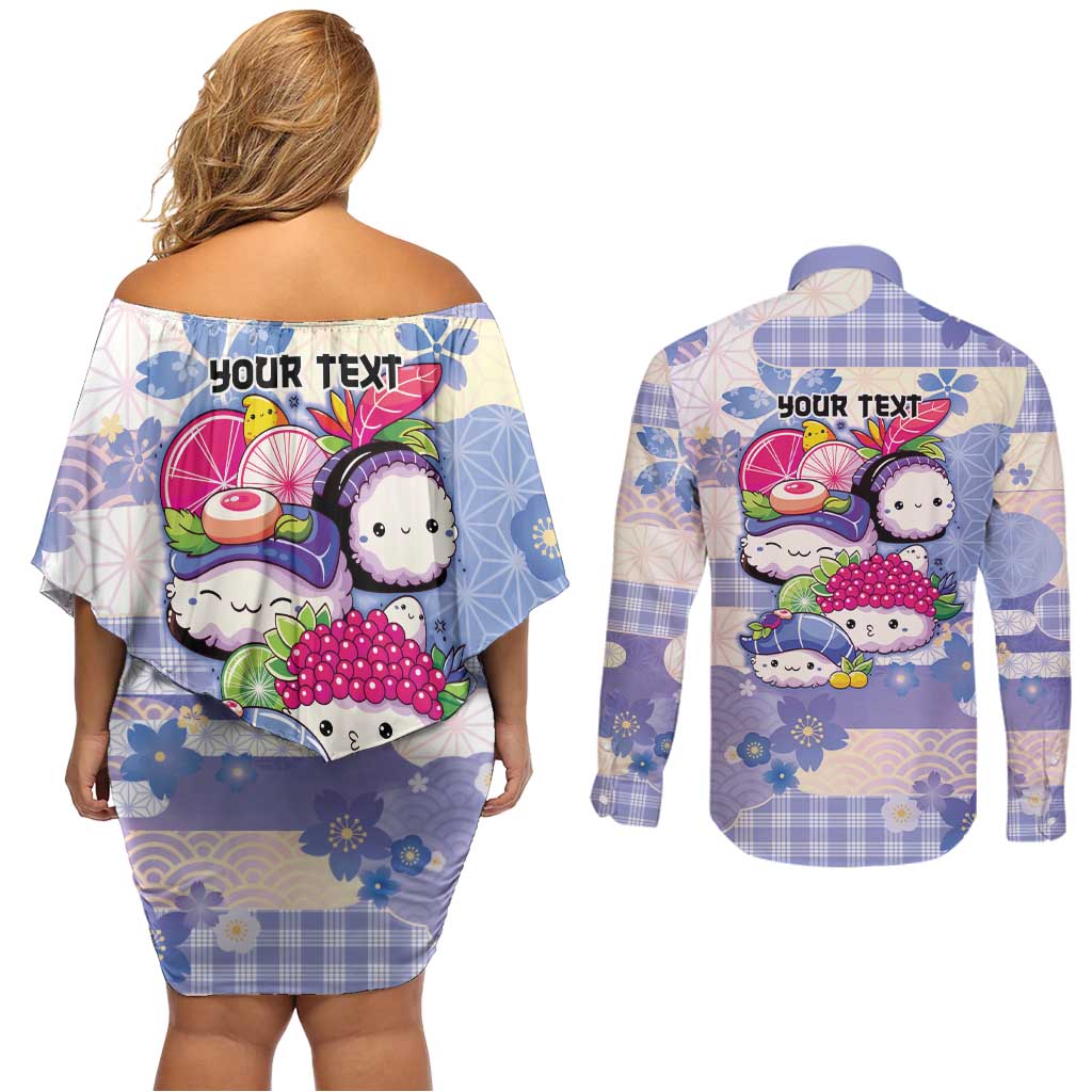 Personalized Japanese Kawaii Sushi Couples Matching Off Shoulder Short Dress and Long Sleeve Button Shirt Blue Wagara Palaka This Is How I Roll - Wonder Print Shop