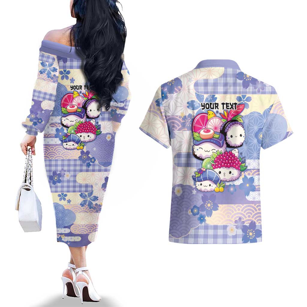 Personalized Japanese Kawaii Sushi Couples Matching Off The Shoulder Long Sleeve Dress and Hawaiian Shirt Blue Wagara Palaka This Is How I Roll - Wonder Print Shop