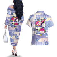 Personalized Japanese Kawaii Sushi Couples Matching Off The Shoulder Long Sleeve Dress and Hawaiian Shirt Blue Wagara Palaka This Is How I Roll - Wonder Print Shop
