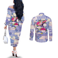 Personalized Japanese Kawaii Sushi Couples Matching Off The Shoulder Long Sleeve Dress and Long Sleeve Button Shirt Blue Wagara Palaka This Is How I Roll - Wonder Print Shop