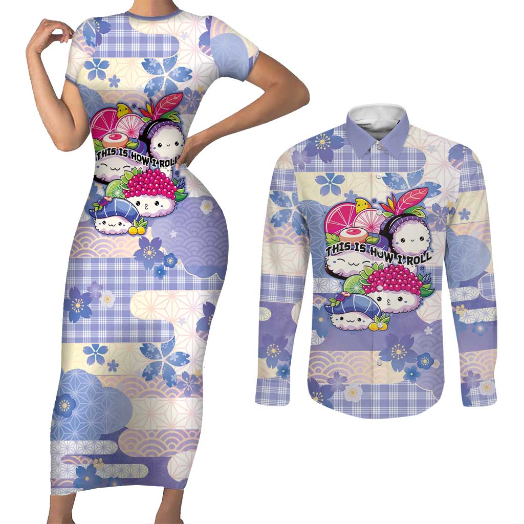 Personalized Japanese Kawaii Sushi Couples Matching Short Sleeve Bodycon Dress and Long Sleeve Button Shirt Blue Wagara Palaka This Is How I Roll - Wonder Print Shop