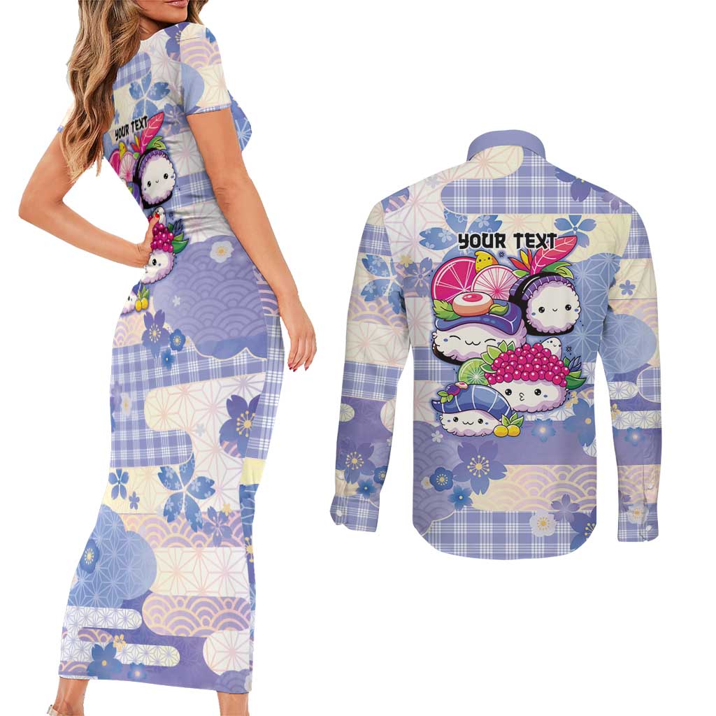 Personalized Japanese Kawaii Sushi Couples Matching Short Sleeve Bodycon Dress and Long Sleeve Button Shirt Blue Wagara Palaka This Is How I Roll - Wonder Print Shop