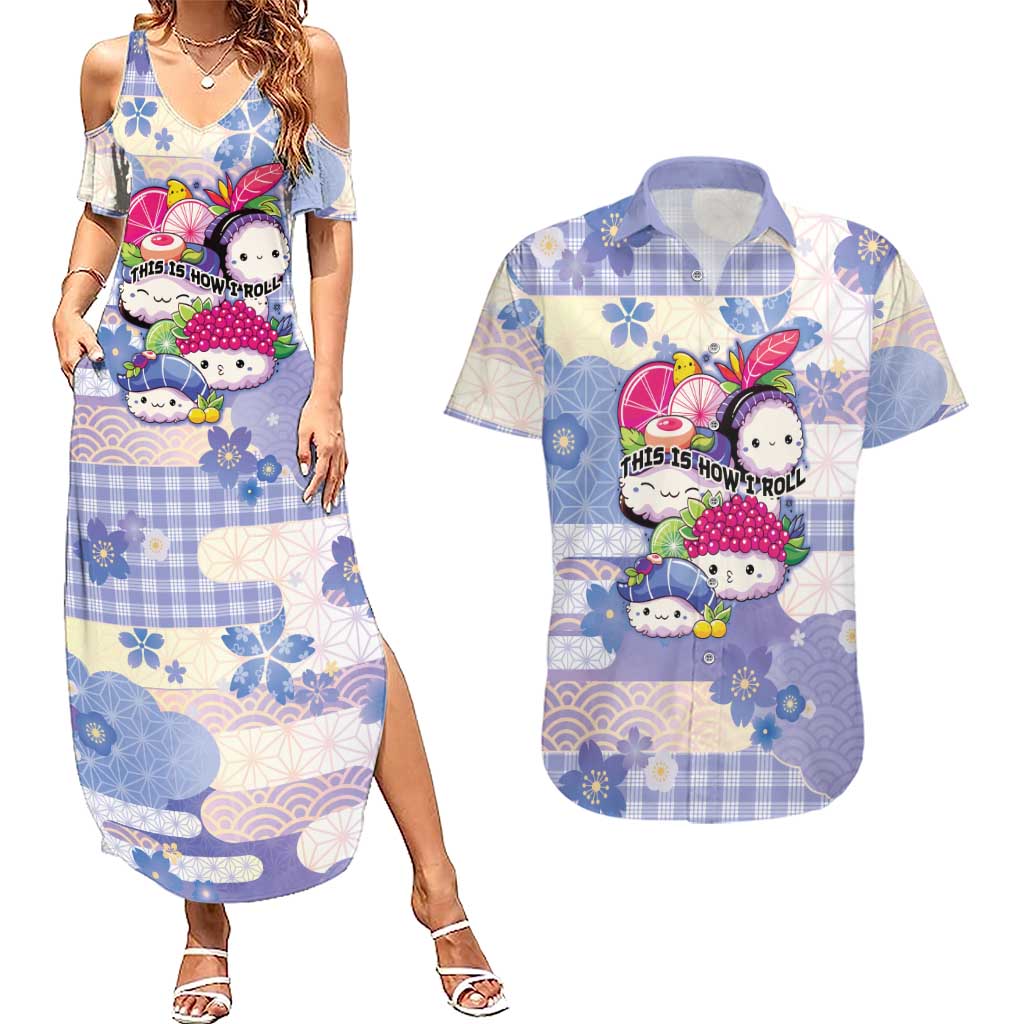 Personalized Japanese Kawaii Sushi Couples Matching Summer Maxi Dress and Hawaiian Shirt Blue Wagara Palaka This Is How I Roll - Wonder Print Shop