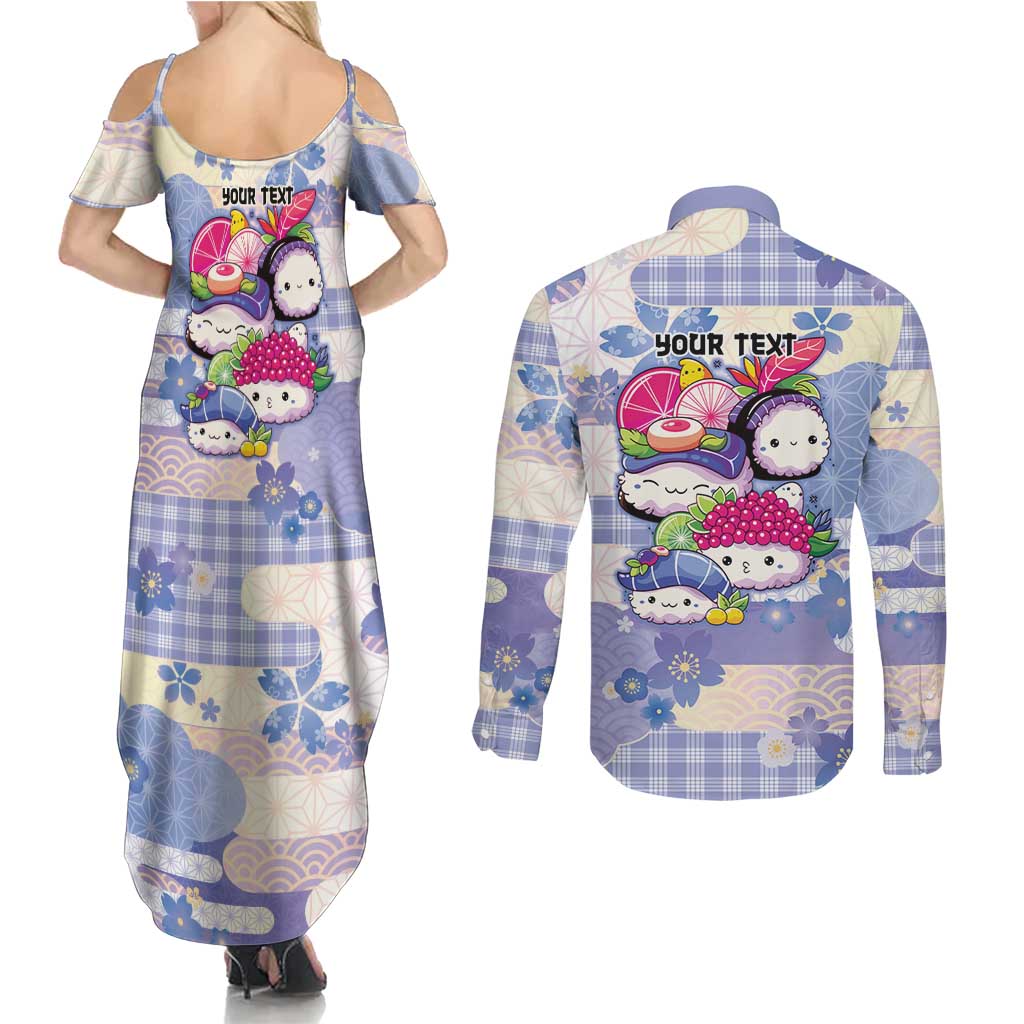 Personalized Japanese Kawaii Sushi Couples Matching Summer Maxi Dress and Long Sleeve Button Shirt Blue Wagara Palaka This Is How I Roll - Wonder Print Shop