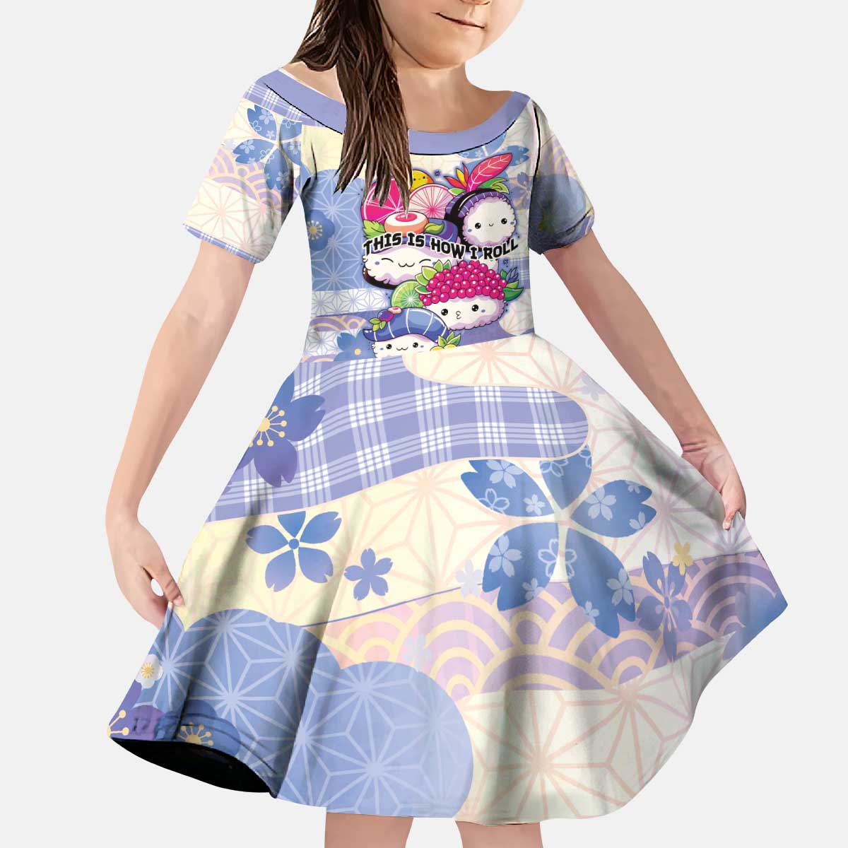 Personalized Japanese Kawaii Sushi Kid Short Sleeve Dress Blue Wagara Palaka This Is How I Roll - Wonder Print Shop