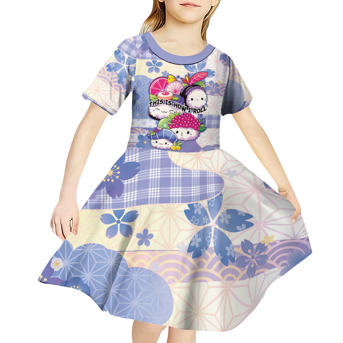Personalized Japanese Kawaii Sushi Kid Short Sleeve Dress Blue Wagara Palaka This Is How I Roll - Wonder Print Shop
