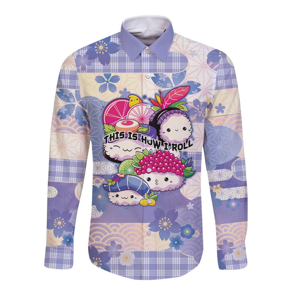 Personalized Japanese Kawaii Sushi Long Sleeve Button Shirt Blue Wagara Palaka This Is How I Roll - Wonder Print Shop