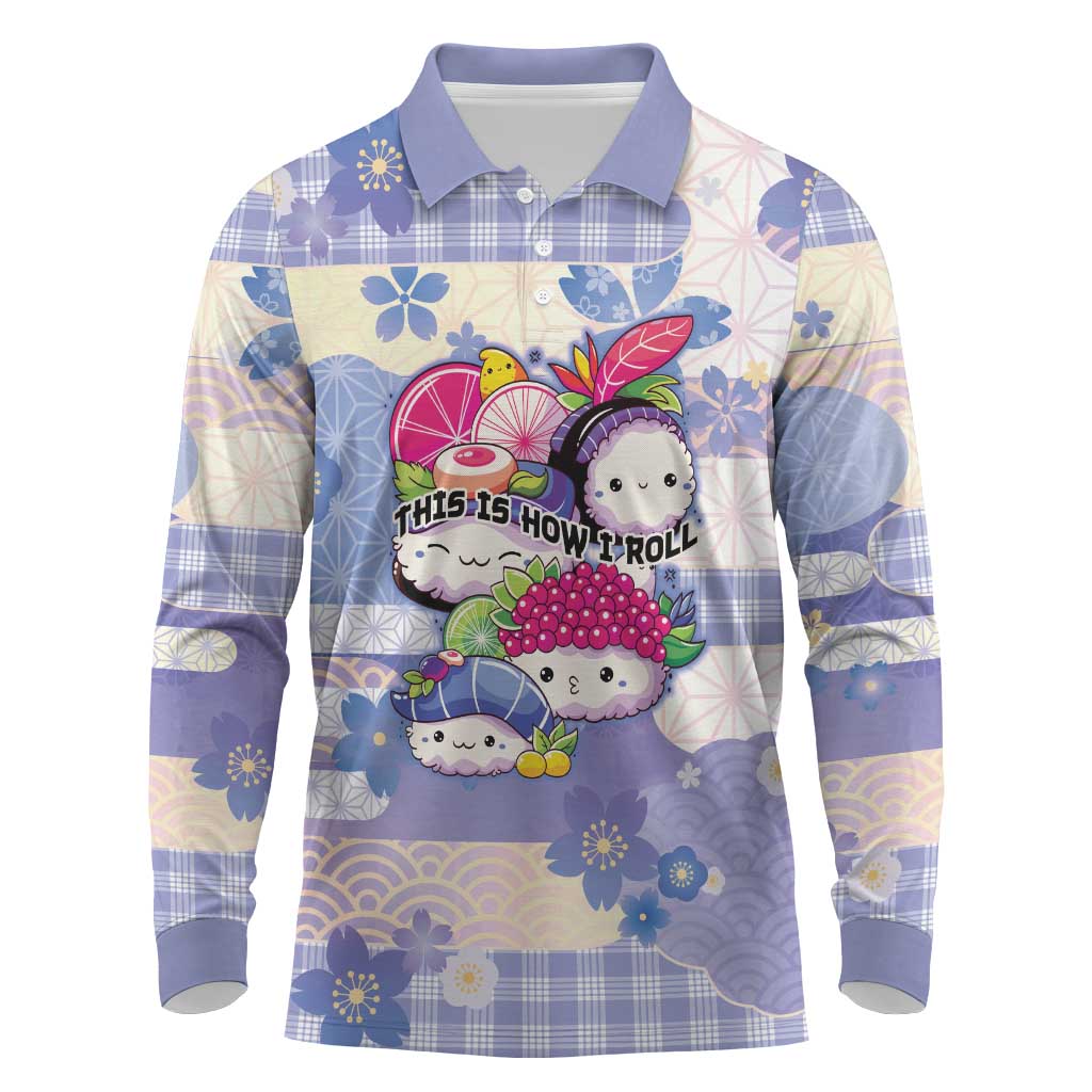 Personalized Japanese Kawaii Sushi Long Sleeve Polo Shirt Blue Wagara Palaka This Is How I Roll - Wonder Print Shop