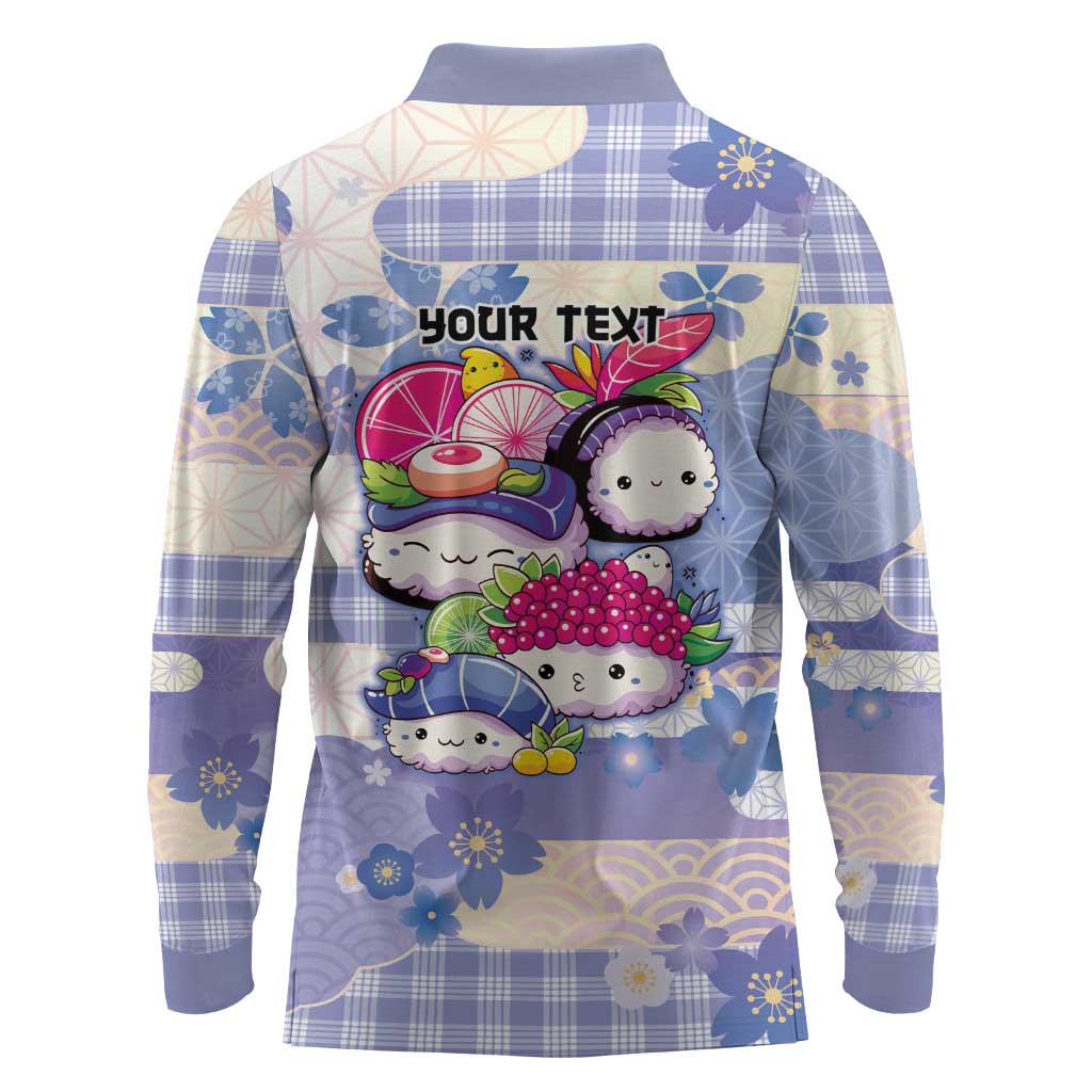Personalized Japanese Kawaii Sushi Long Sleeve Polo Shirt Blue Wagara Palaka This Is How I Roll - Wonder Print Shop