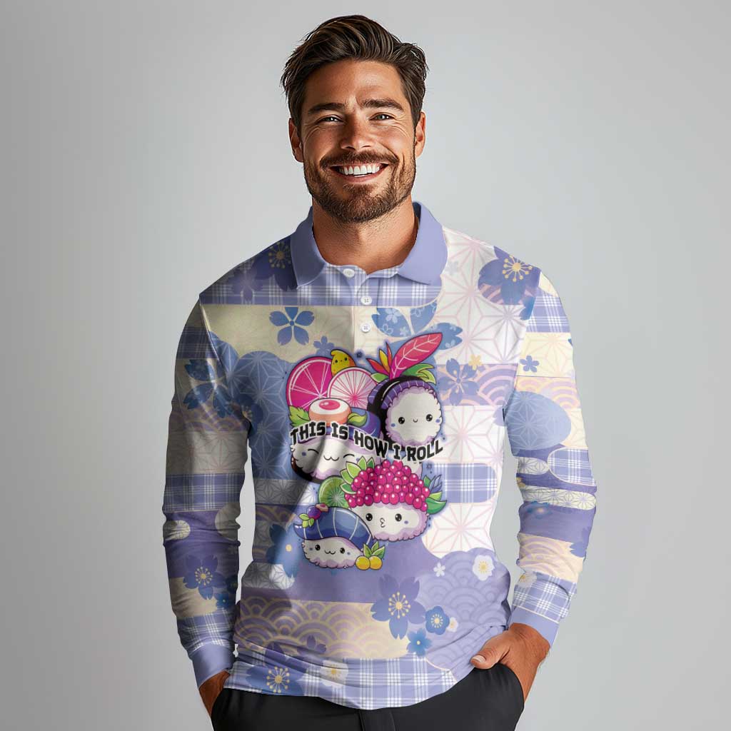 Personalized Japanese Kawaii Sushi Long Sleeve Polo Shirt Blue Wagara Palaka This Is How I Roll - Wonder Print Shop