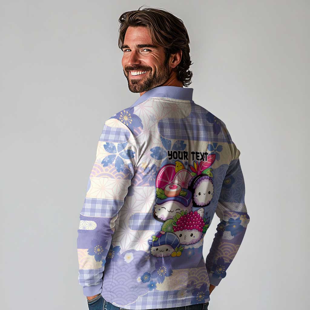 Personalized Japanese Kawaii Sushi Long Sleeve Polo Shirt Blue Wagara Palaka This Is How I Roll - Wonder Print Shop