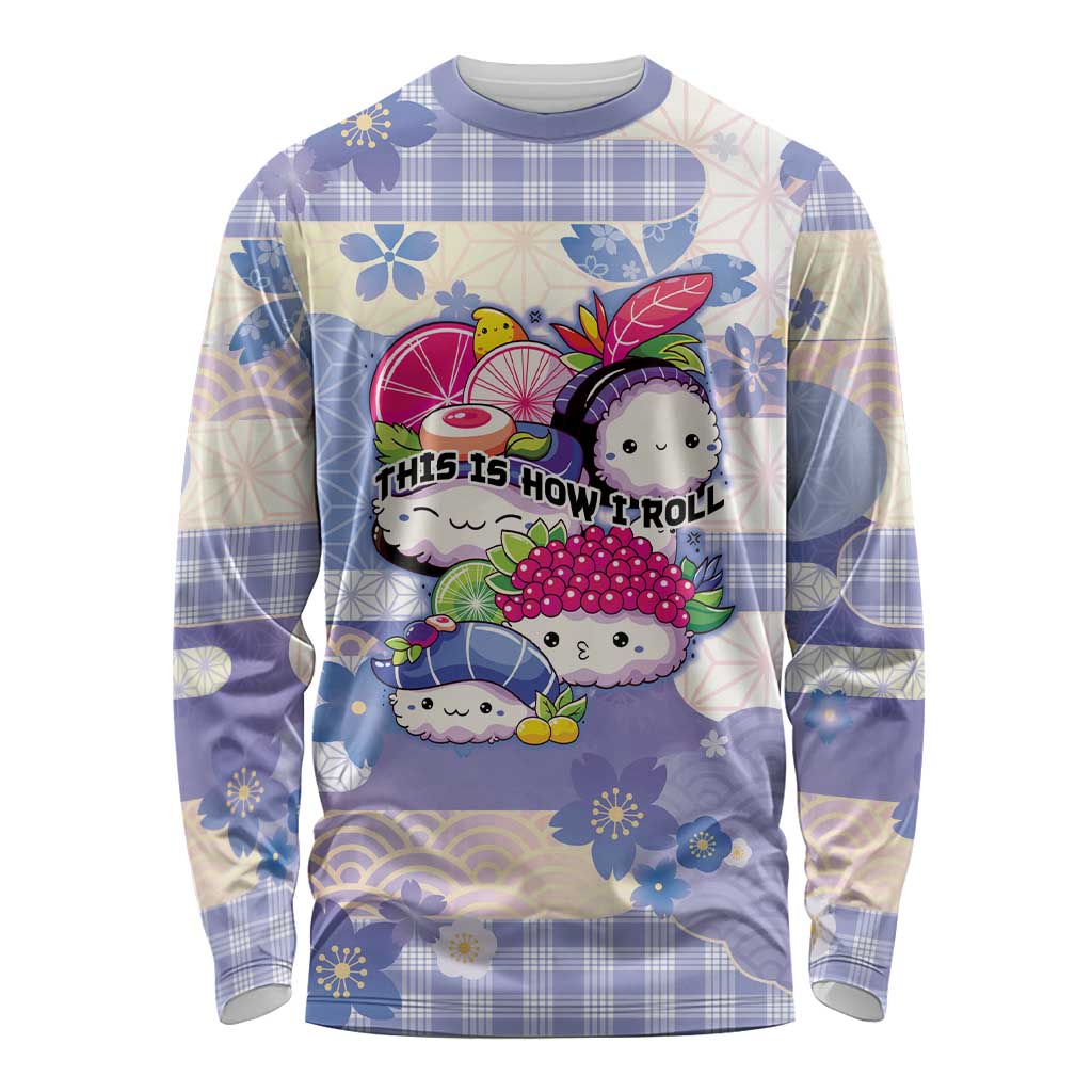 Personalized Japanese Kawaii Sushi Long Sleeve Shirt Blue Wagara Palaka This Is How I Roll - Wonder Print Shop
