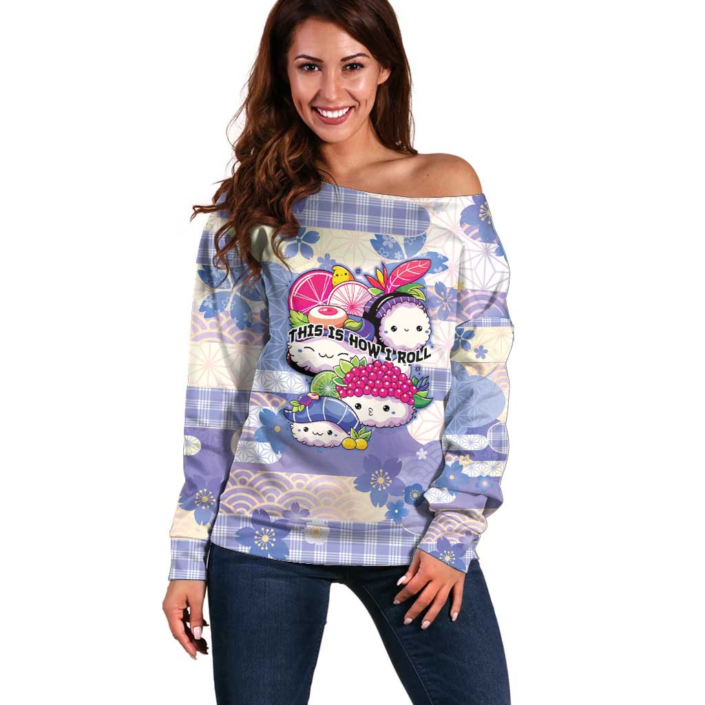 Personalized Japanese Kawaii Sushi Off Shoulder Sweater Blue Wagara Palaka This Is How I Roll - Wonder Print Shop