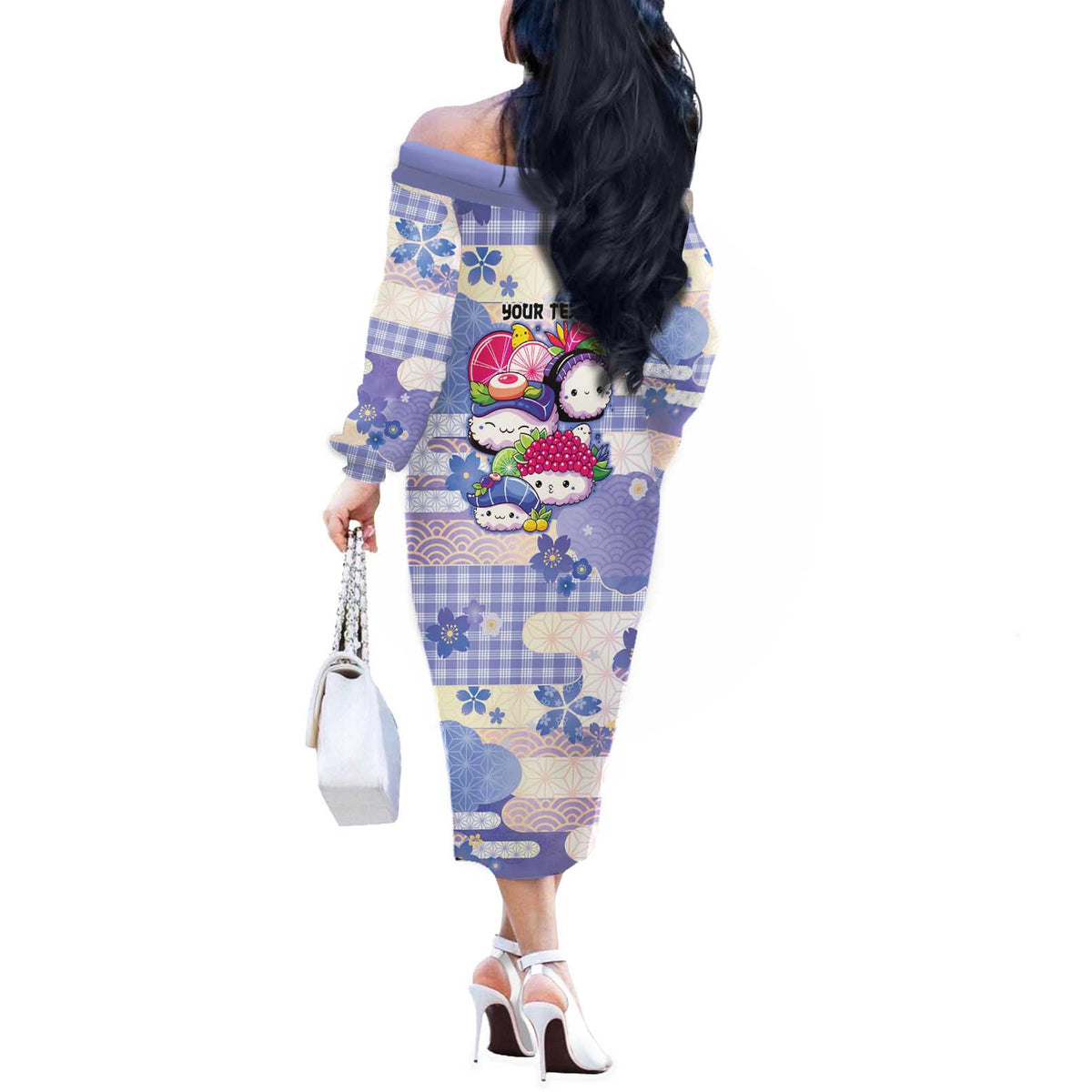 Personalized Japanese Kawaii Sushi Off The Shoulder Long Sleeve Dress Blue Wagara Palaka This Is How I Roll - Wonder Print Shop