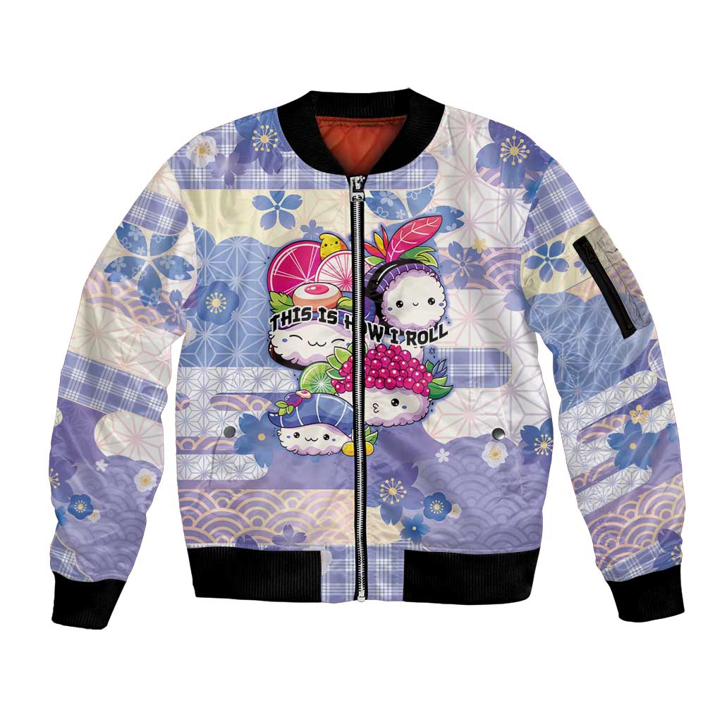 Personalized Japanese Kawaii Sushi Sleeve Zip Bomber Jacket Blue Wagara Palaka This Is How I Roll - Wonder Print Shop