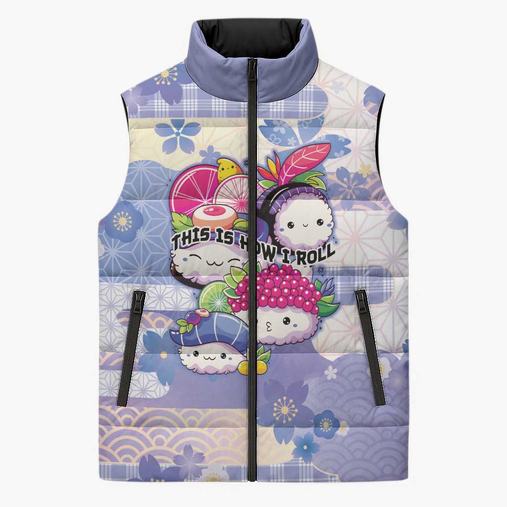 Personalized Japanese Kawaii Sushi Sleeveless Puffer Jacket Blue Wagara Palaka This Is How I Roll - Wonder Print Shop