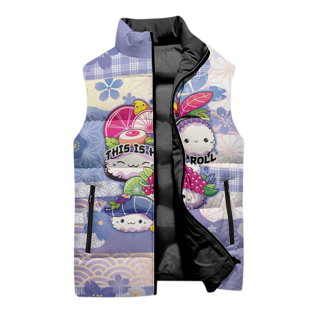 Personalized Japanese Kawaii Sushi Sleeveless Puffer Jacket Blue Wagara Palaka This Is How I Roll - Wonder Print Shop