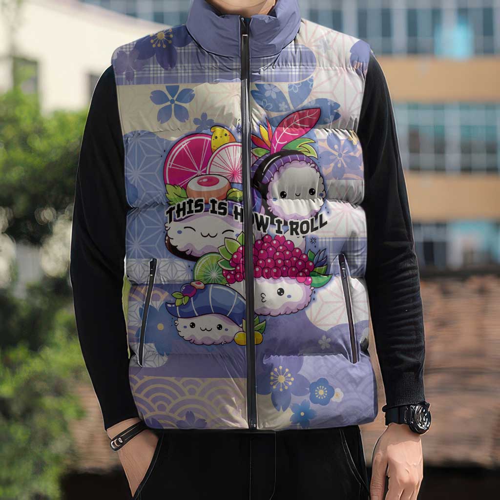 Personalized Japanese Kawaii Sushi Sleeveless Puffer Jacket Blue Wagara Palaka This Is How I Roll - Wonder Print Shop