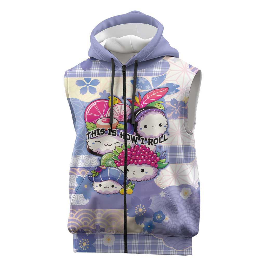 Personalized Japanese Kawaii Sushi Sleeveless Zip Hoodie Blue Wagara Palaka This Is How I Roll - Wonder Print Shop