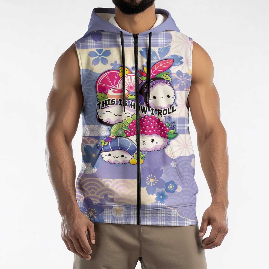 Personalized Japanese Kawaii Sushi Sleeveless Zip Hoodie Blue Wagara Palaka This Is How I Roll - Wonder Print Shop