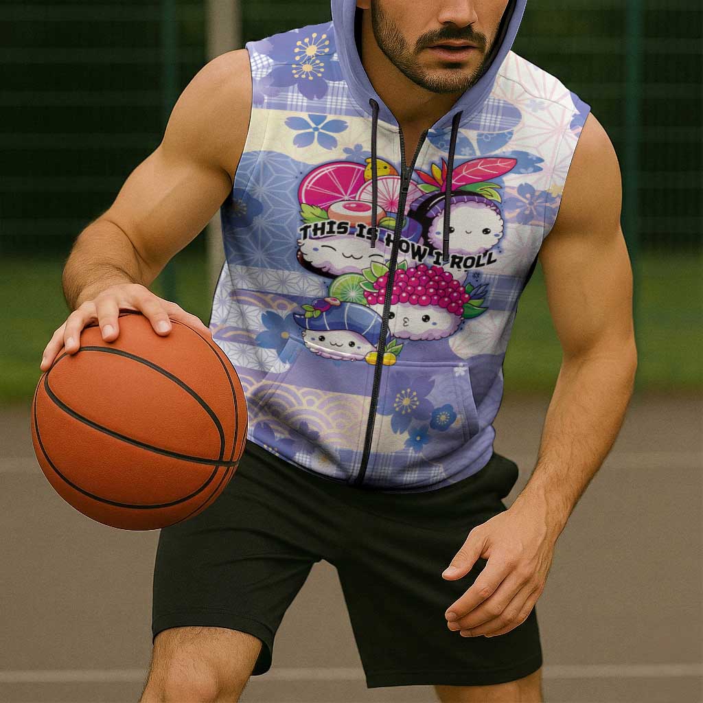 Personalized Japanese Kawaii Sushi Sleeveless Zip Hoodie Blue Wagara Palaka This Is How I Roll - Wonder Print Shop