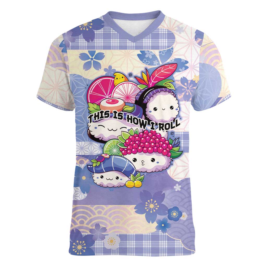 Personalized Japanese Kawaii Sushi Women V-Neck T-Shirt Blue Wagara Palaka This Is How I Roll - Wonder Print Shop
