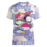 Personalized Japanese Kawaii Sushi Women V-Neck T-Shirt Blue Wagara Palaka This Is How I Roll - Wonder Print Shop