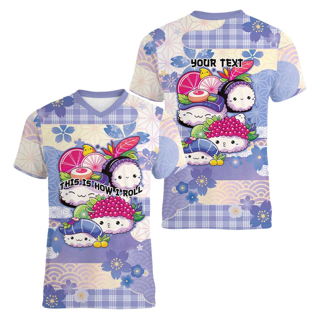 Personalized Japanese Kawaii Sushi Women V-Neck T-Shirt Blue Wagara Palaka This Is How I Roll - Wonder Print Shop