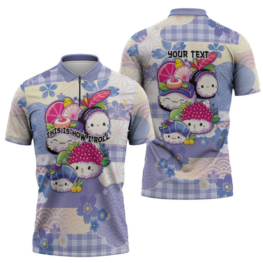 Personalized Japanese Kawaii Sushi Zipper Polo Shirt Blue Wagara Palaka This Is How I Roll - Wonder Print Shop