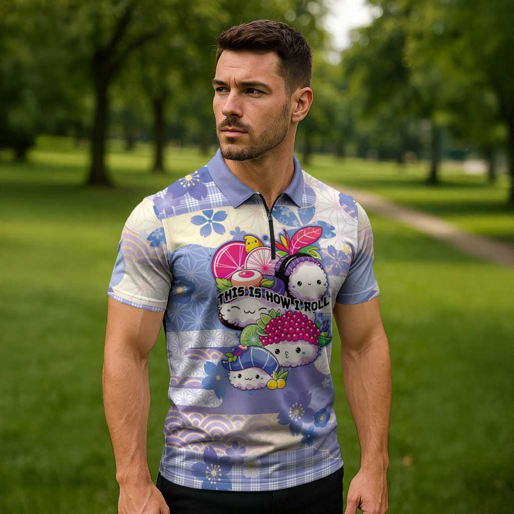 Personalized Japanese Kawaii Sushi Zipper Polo Shirt Blue Wagara Palaka This Is How I Roll - Wonder Print Shop