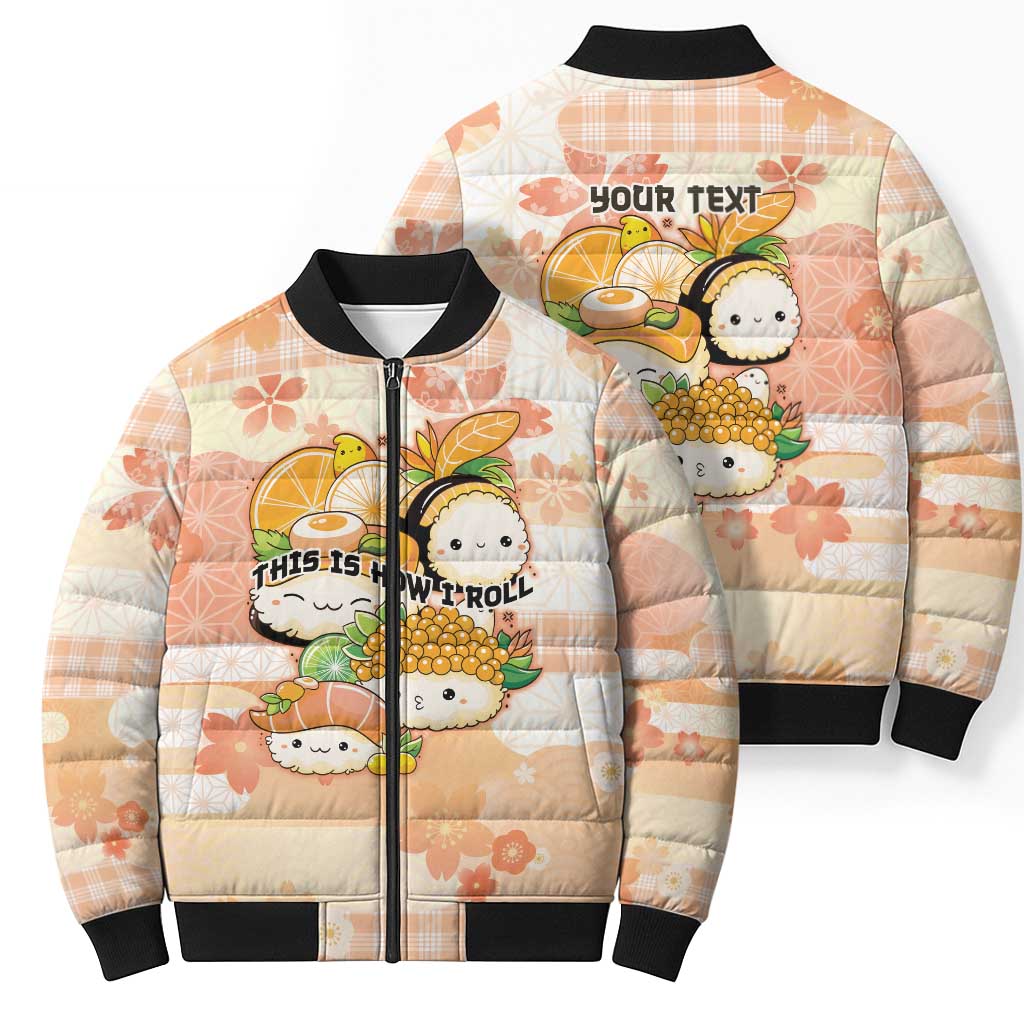 Personalized Japanese Kawaii Sushi Bomber Puffer Jacket Peach Wagara Palaka This Is How I Roll - Wonder Print Shop