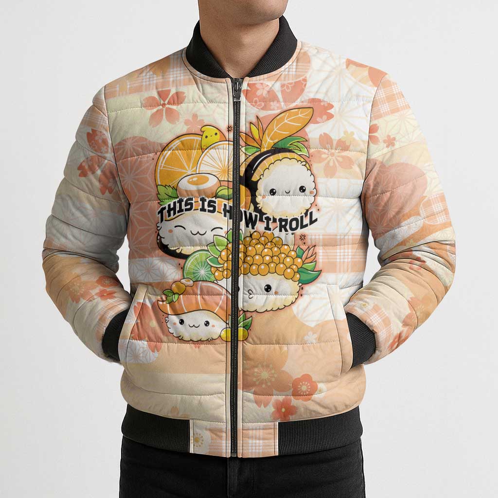 Personalized Japanese Kawaii Sushi Bomber Puffer Jacket Peach Wagara Palaka This Is How I Roll - Wonder Print Shop