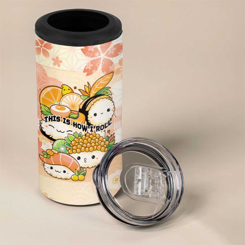 Personalized Japanese Kawaii Sushi 4 in 1 Can Cooler Tumbler Peach Wagara Palaka This Is How I Roll - Wonder Print Shop