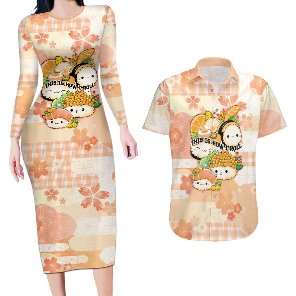 Personalized Japanese Kawaii Sushi Couples Matching Long Sleeve Bodycon Dress and Hawaiian Shirt Peach Wagara Palaka This Is How I Roll - Wonder Print Shop