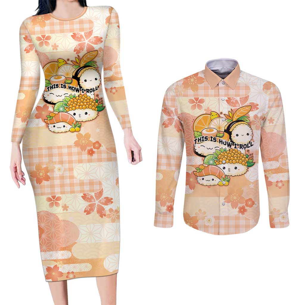 Personalized Japanese Kawaii Sushi Couples Matching Long Sleeve Bodycon Dress and Long Sleeve Button Shirt Peach Wagara Palaka This Is How I Roll - Wonder Print Shop