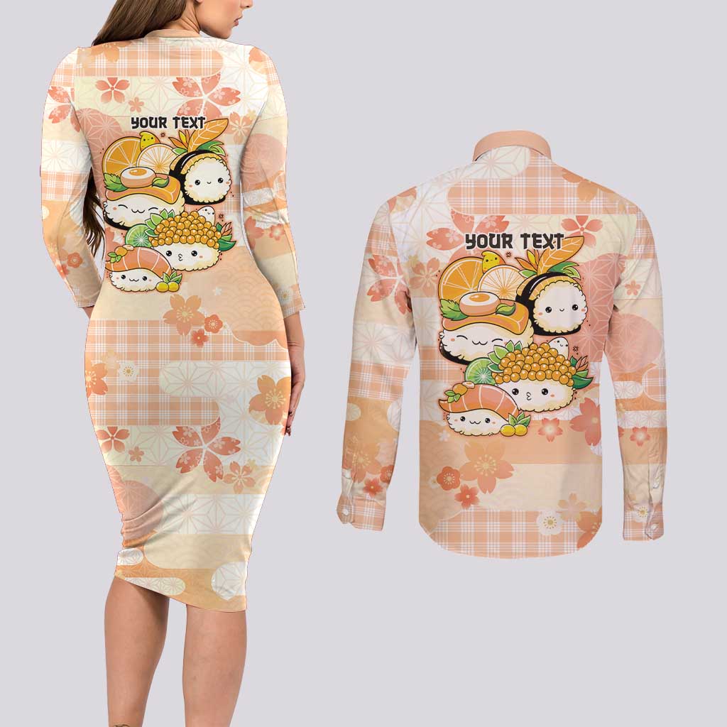 Personalized Japanese Kawaii Sushi Couples Matching Long Sleeve Bodycon Dress and Long Sleeve Button Shirt Peach Wagara Palaka This Is How I Roll - Wonder Print Shop
