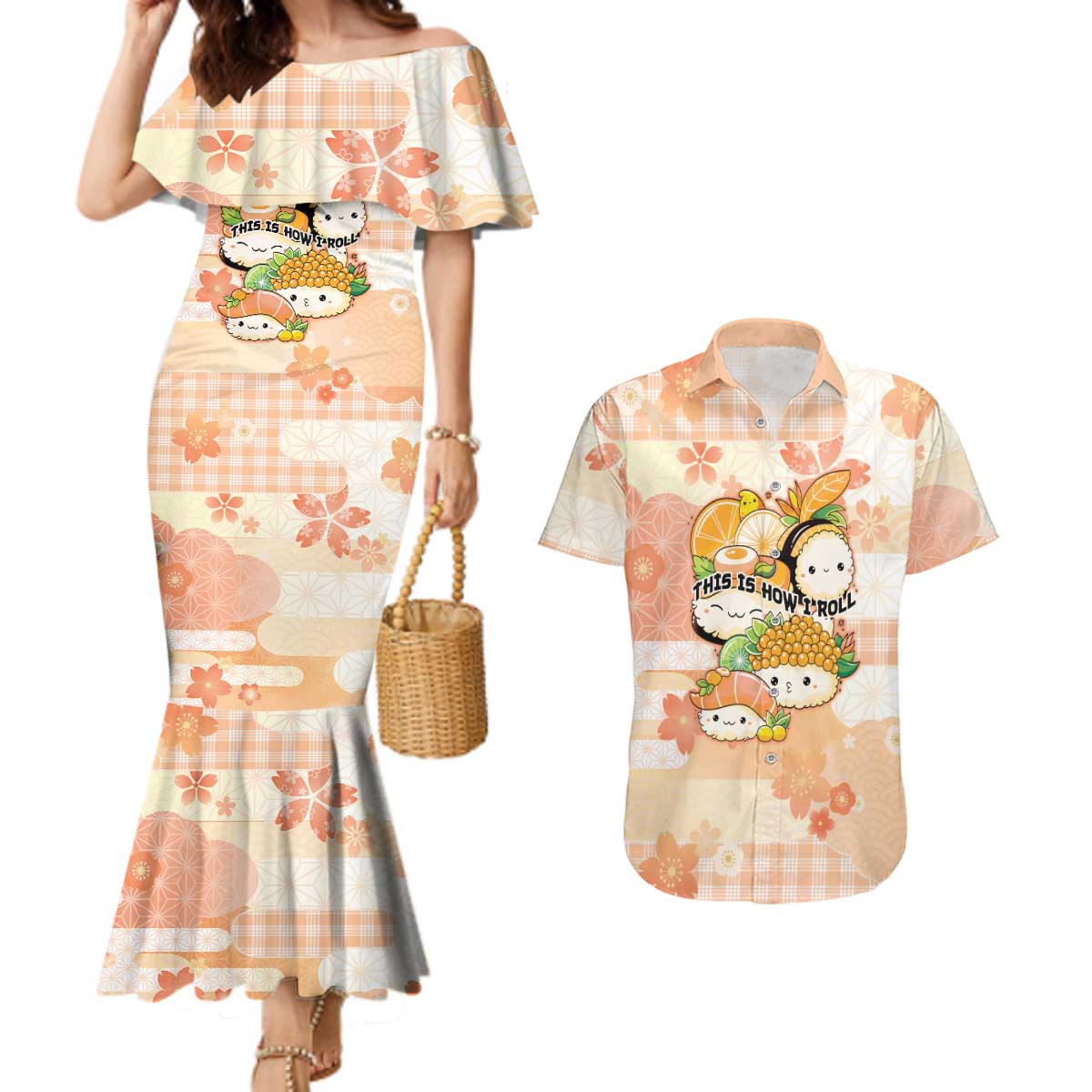 Personalized Japanese Kawaii Sushi Couples Matching Mermaid Dress and Hawaiian Shirt Peach Wagara Palaka This Is How I Roll - Wonder Print Shop