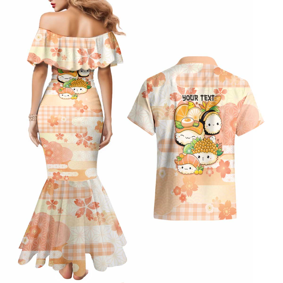 Personalized Japanese Kawaii Sushi Couples Matching Mermaid Dress and Hawaiian Shirt Peach Wagara Palaka This Is How I Roll - Wonder Print Shop