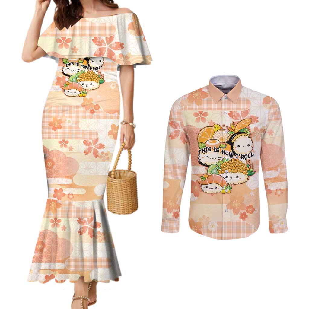 Personalized Japanese Kawaii Sushi Couples Matching Mermaid Dress and Long Sleeve Button Shirt Peach Wagara Palaka This Is How I Roll - Wonder Print Shop