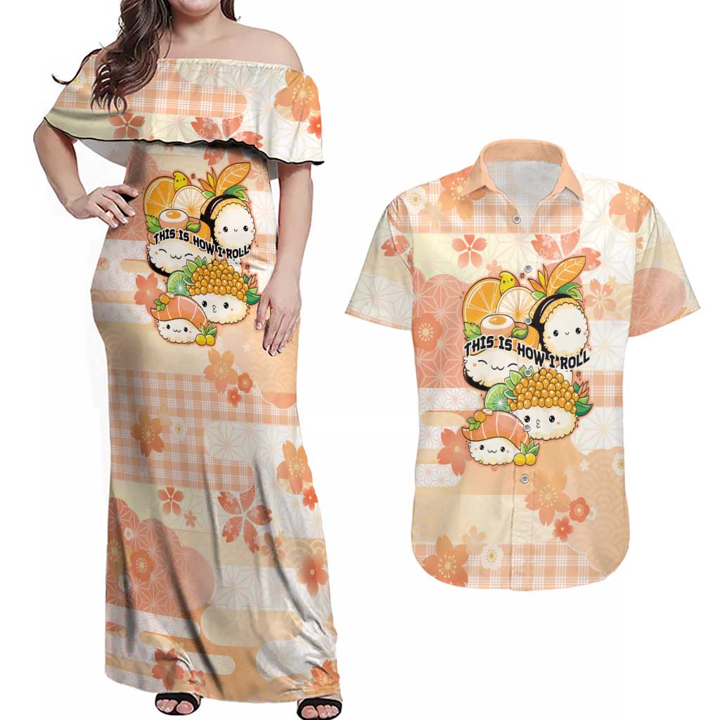 Personalized Japanese Kawaii Sushi Couples Matching Off Shoulder Maxi Dress and Hawaiian Shirt Peach Wagara Palaka This Is How I Roll - Wonder Print Shop