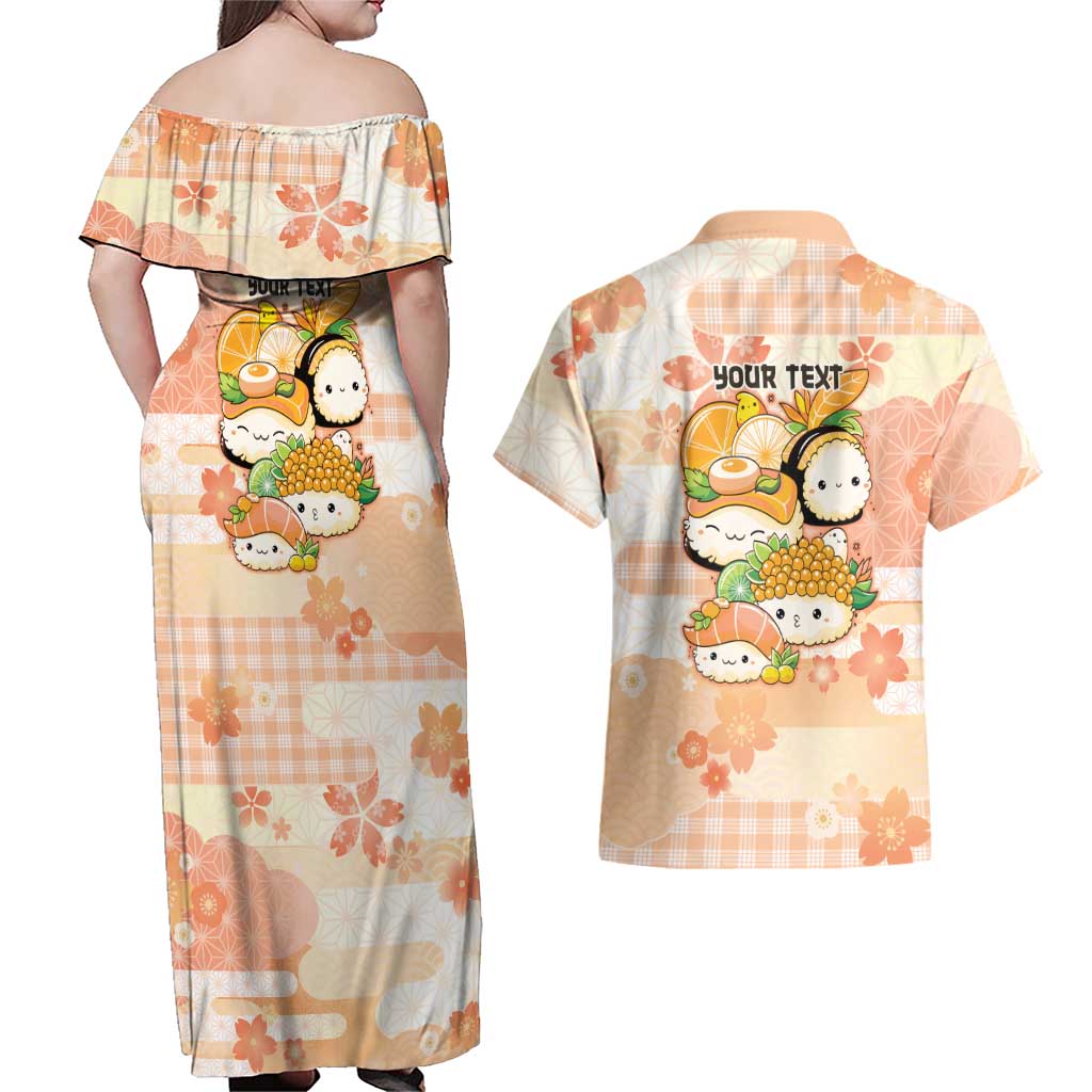 Personalized Japanese Kawaii Sushi Couples Matching Off Shoulder Maxi Dress and Hawaiian Shirt Peach Wagara Palaka This Is How I Roll - Wonder Print Shop