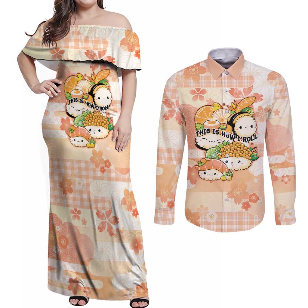 Personalized Japanese Kawaii Sushi Couples Matching Off Shoulder Maxi Dress and Long Sleeve Button Shirt Peach Wagara Palaka This Is How I Roll - Wonder Print Shop