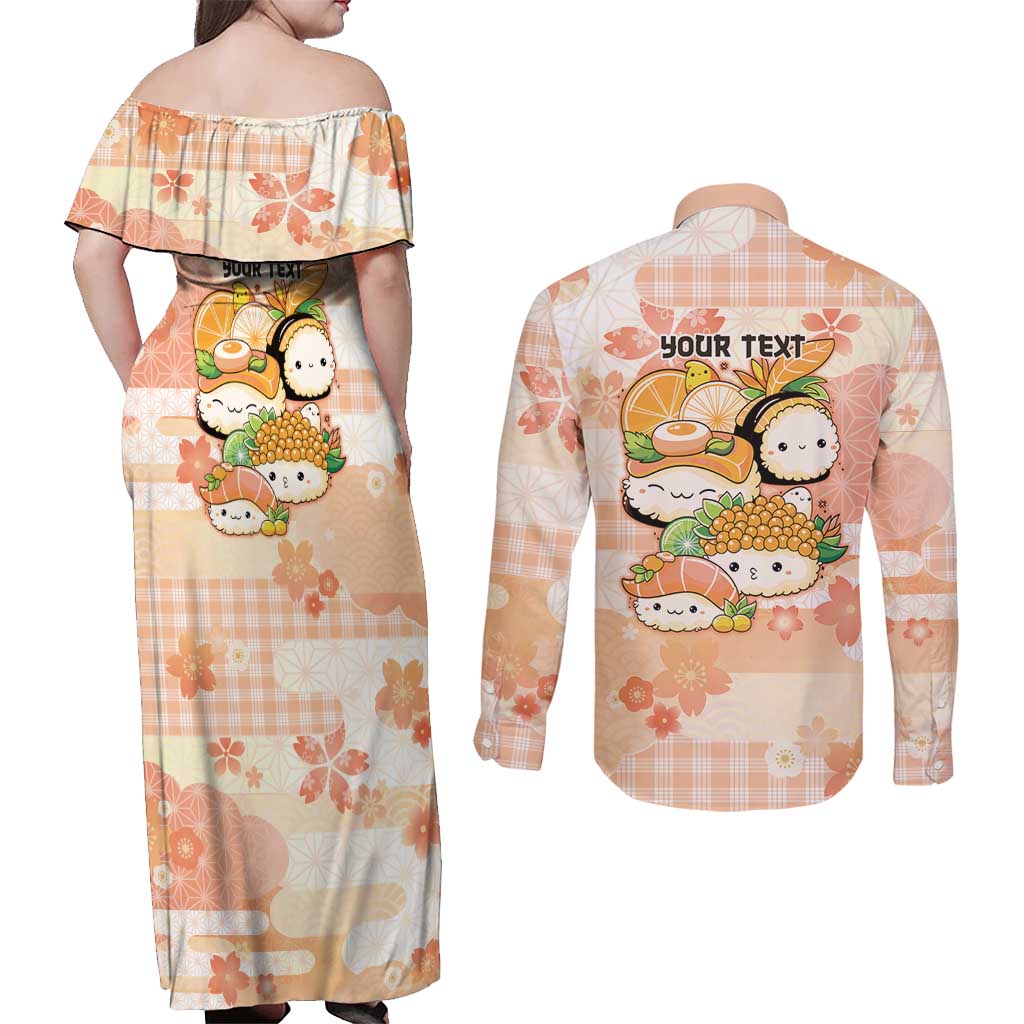Personalized Japanese Kawaii Sushi Couples Matching Off Shoulder Maxi Dress and Long Sleeve Button Shirt Peach Wagara Palaka This Is How I Roll - Wonder Print Shop