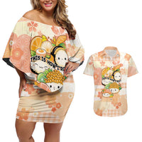 Personalized Japanese Kawaii Sushi Couples Matching Off Shoulder Short Dress and Hawaiian Shirt Peach Wagara Palaka This Is How I Roll - Wonder Print Shop
