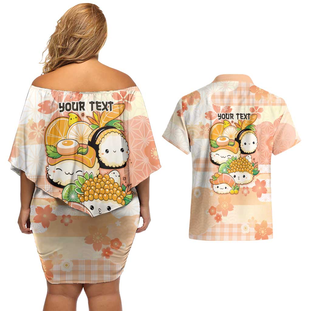 Personalized Japanese Kawaii Sushi Couples Matching Off Shoulder Short Dress and Hawaiian Shirt Peach Wagara Palaka This Is How I Roll - Wonder Print Shop